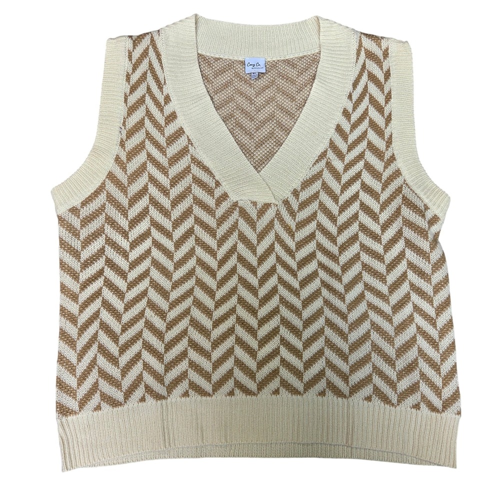 Cozy Co. by Cozy Casual Tan Cream Chevron V-Neck Sweater Vest ML